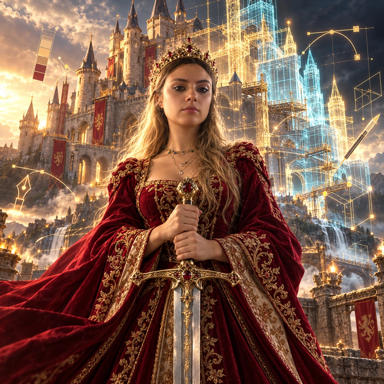 Joyce in a crimson medieval gown holding a sword before a castle with holographic design details